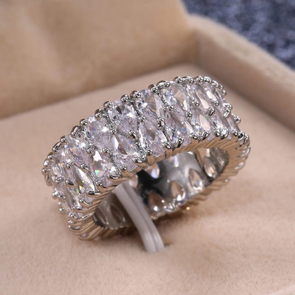 NEW 925 Silver Teardrop Diamond Double Layer Ring